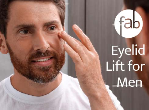 Image depicting a male testing the elasticity of his lower eyelids.